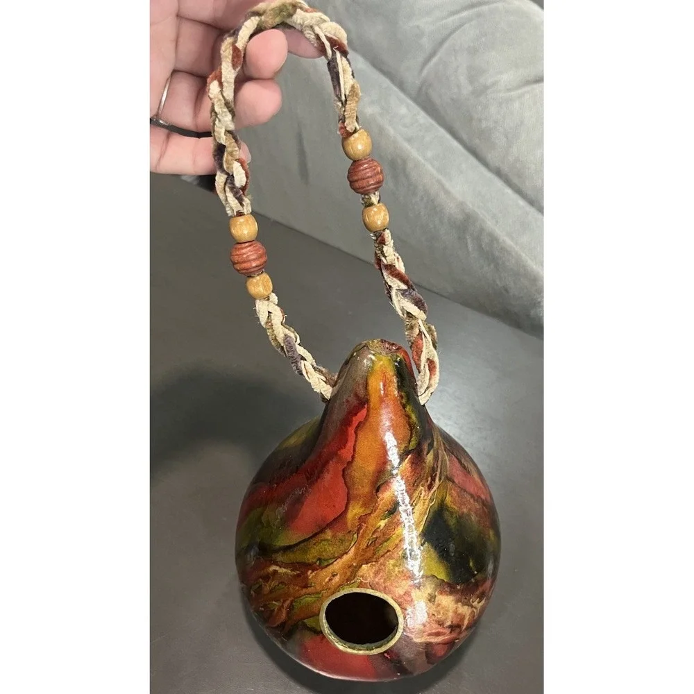 Handpainted Gourd Birdhouse Hanging Decor Earth Tones